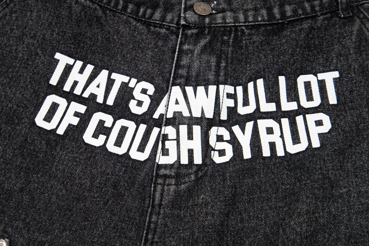 THAT'S A AWFUL LOT OF COUGH SYRUP Washed Denim Graphic Shorts ¡ª detail